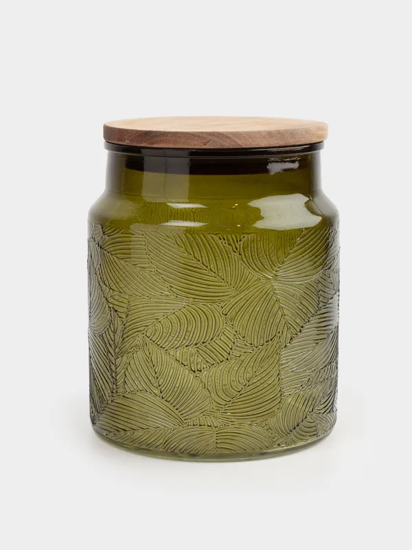 Bulk products jar, 1 l, glass / wood, green, Tropical leaves, Tropical leaves