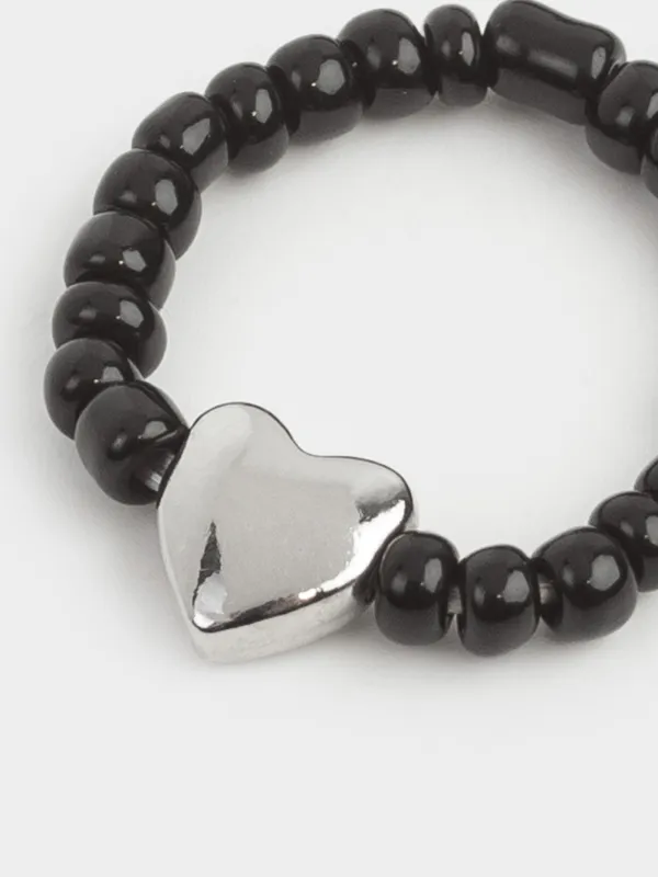Ring, size S-M, Single size, Glass / metal, black, Heart, Jewelry black, image-2