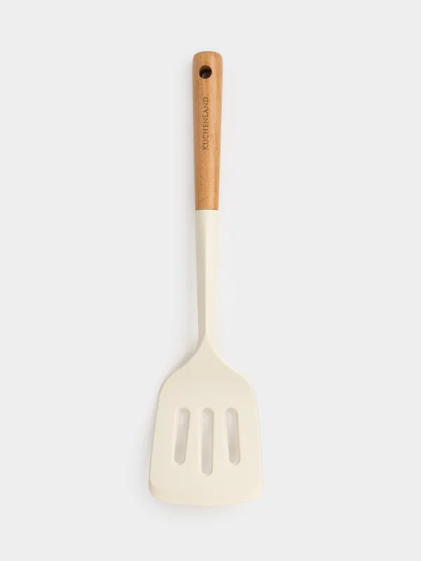 Spatula, 32 cm, with slots, silicone/wood, milky, Legerity, image-0