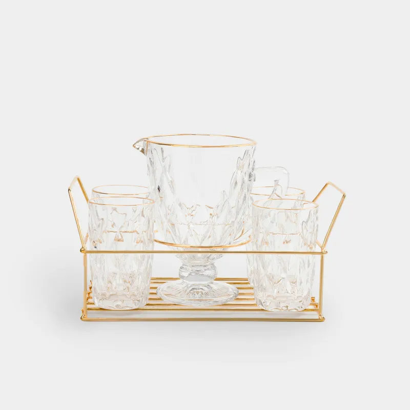 Set for drinks, 4 persons, 5 items, on a stand, glass R / metal, golden, Rhomb gold