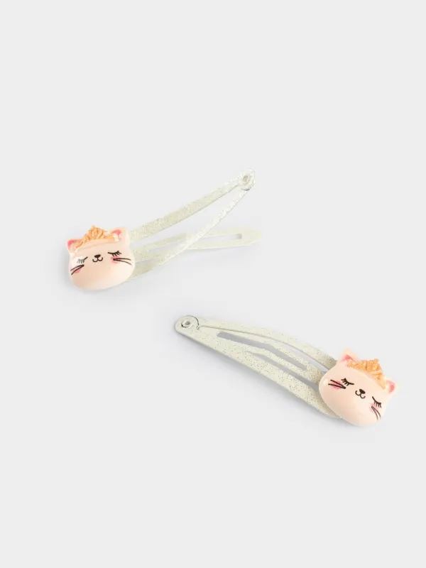 Hair clip, 4 cm, 2 pcs, metal, milky gold, Cat with crown, Cat, image-2