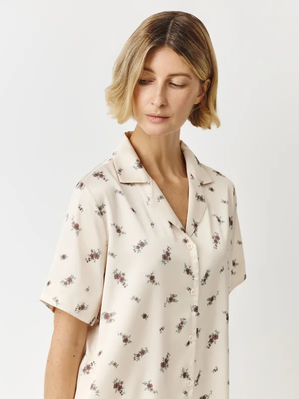 Women's shirt, homewear, size L, with short sleeves, polyester, milky, Flowers, Roktania, image-3