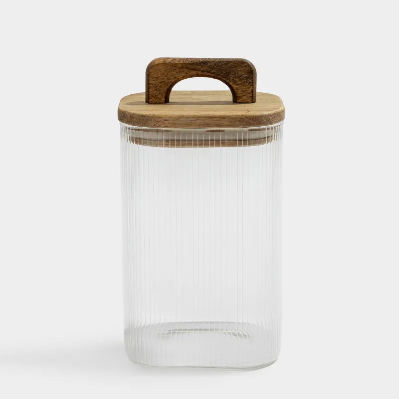 Bulk products jar, 1 l, glass R / wood, square, Ravi wood