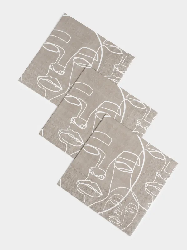 Paper napkins, 33x33 cm, 20 pcs, square, grey, Faces, Face, image-2