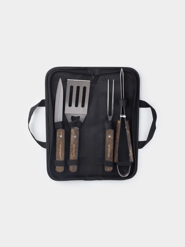 BBQ set, 4 items, in leather case, steel / wood / eco-leather, BBQ, image-8