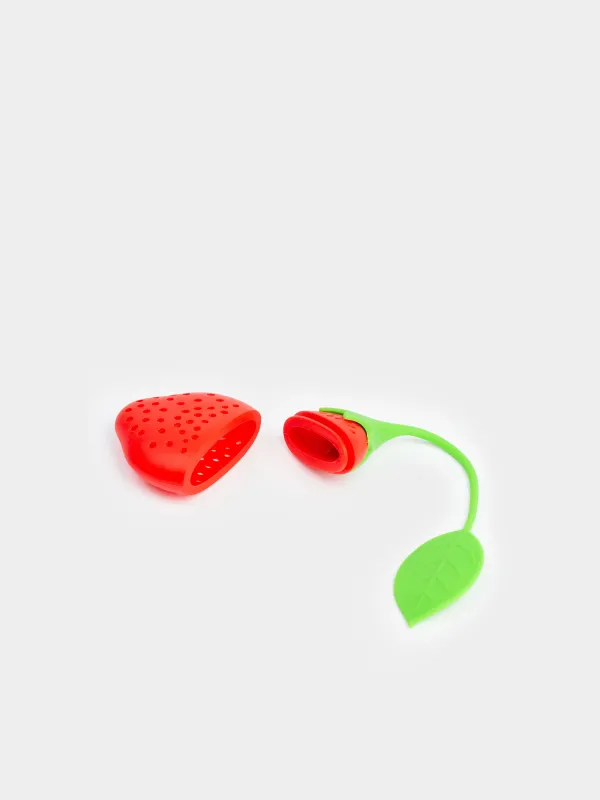 Tea strainer, 20 cm, Silicone, Red-green, Strawberry, Manny, image-2