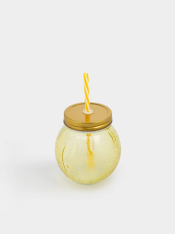 Beverage can, 450 ml, with lid and straw, glass / metal, yellow, Summer drink, image-1