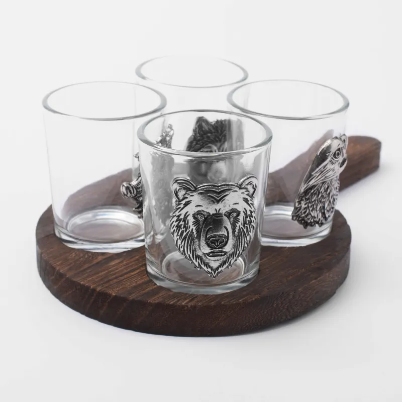 Drinking glass, 80 ml, 4 pcs, on a stand, glass/metal/tree, Eagle and beasts, Lux elements decor, image-2