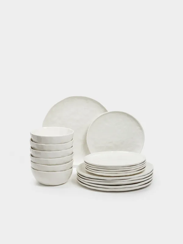 Dining set, 6 persons, 18 items, ceramic, white, Crumpled effect, Egaleo, image-0
