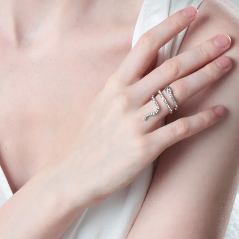 Ring, Size S-M, single size, Metal / rhinestones, Silver, Snake, Jewelry crystal