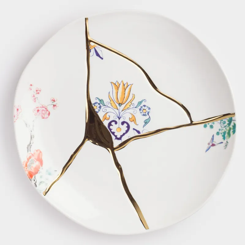 Dinner plate, 27 cm, porcelain N, white and gold, Kintsugi, Kintsugi