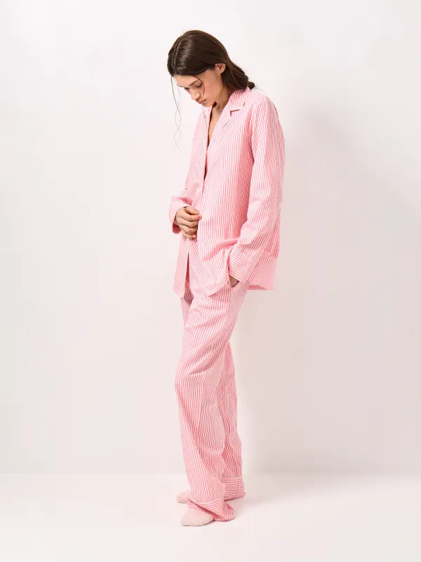 Women's shirt, homewear, size S, with long sleeves, cotton / viscose, Red, Stripe, Lonisa, image-3