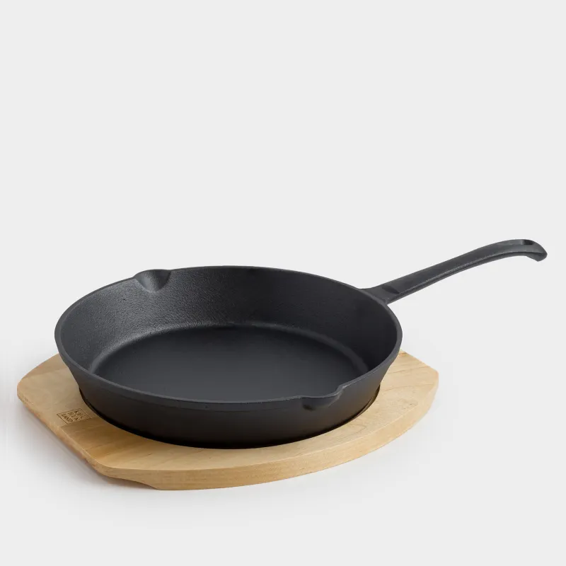 Frying Pan with base, 25 cm, cast iron/wood, round, black, Authentic