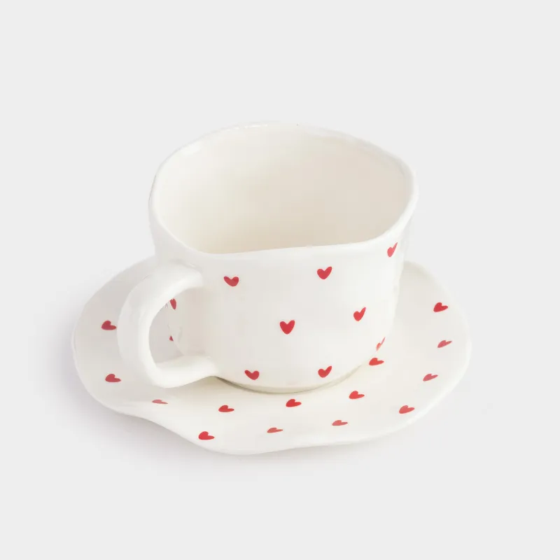 Tea pair, 1 person, 2 items, 300 ml, porcelain P, milky, Hearts, Crumple amour, image-2