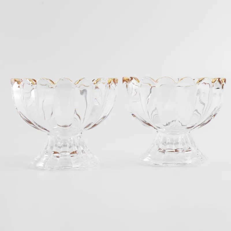 Cream bowl, 9x7 cm, 2 pcs, on a leg, glass R, with golden edging, Ribby gold, image-1