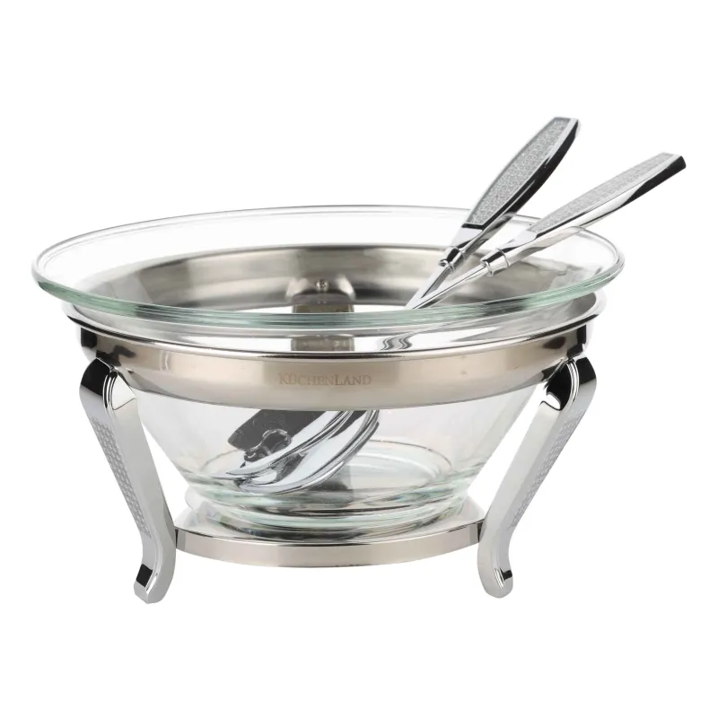 Salad bowl, 30x13 cm, 3 pr, with spoon / fork, on a stand, glass / metal, Winter antarctica, image-0