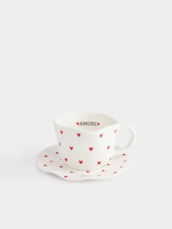Tea pair, 1 person, 2 items, 320 ml, porcelain P, milky, Hearts, Crumple amour, image-0