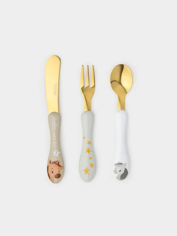 Children's cutlery, 1 person, 3 items, steel / plastic, Horse and stars, Pony stars, image-0
