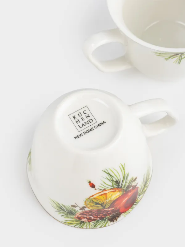 Mug, 320 ml, 2 pcs, porcelain N, white, with golden edging, Pomegranates and orange, Christmas miracle, image-5