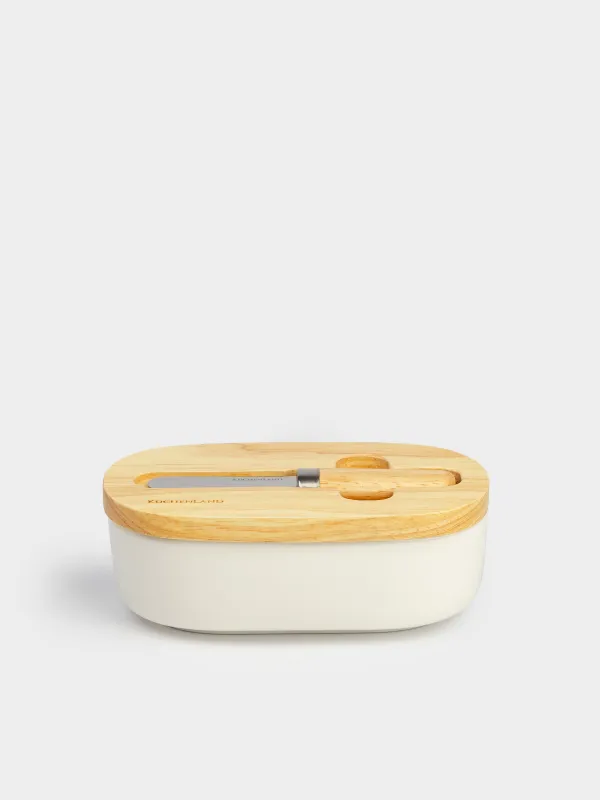 Butter dish, 15 cm, with knife, porcelain N / wood, oval, Light kitchen, image-1