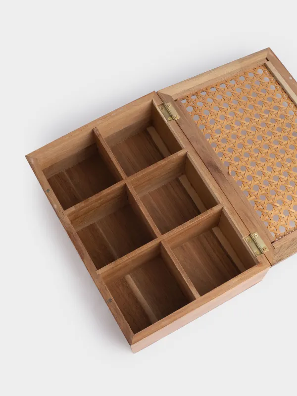 Tea box, 24x16 cm, 6 compartments, wood / rattan, rectangular, Lattice, image-3