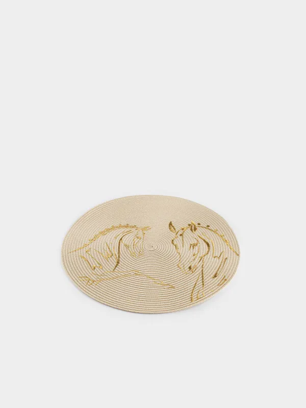 Placemat, 38 cm, polyester, round, milky, Horses, Circle embroidery, image-1