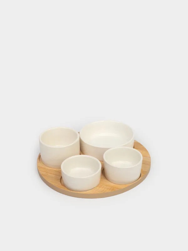 Snack set, 4 pcs, on a stand, ceramic / bamboo, white, round bowls, Bamboo, image-2
