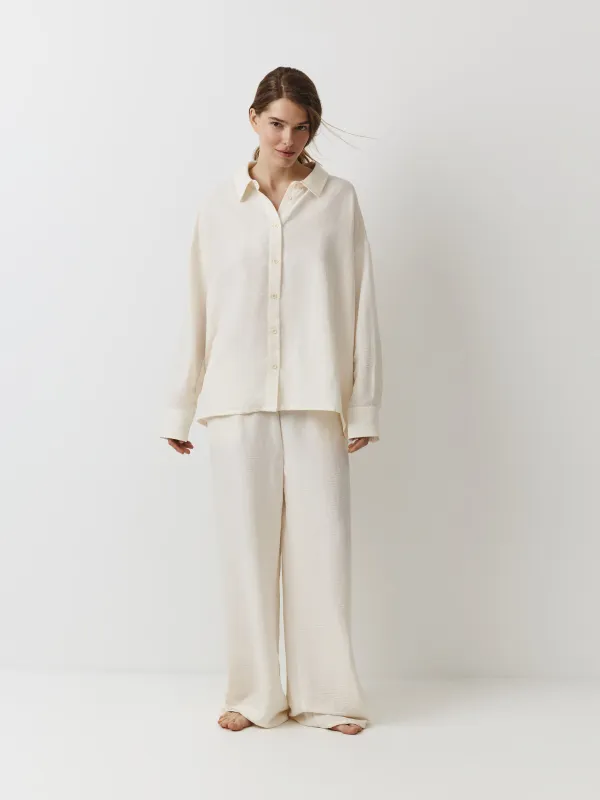 Women's shirt, homewear, size L, with long sleeves, polyester, milky, Marlla, image-1