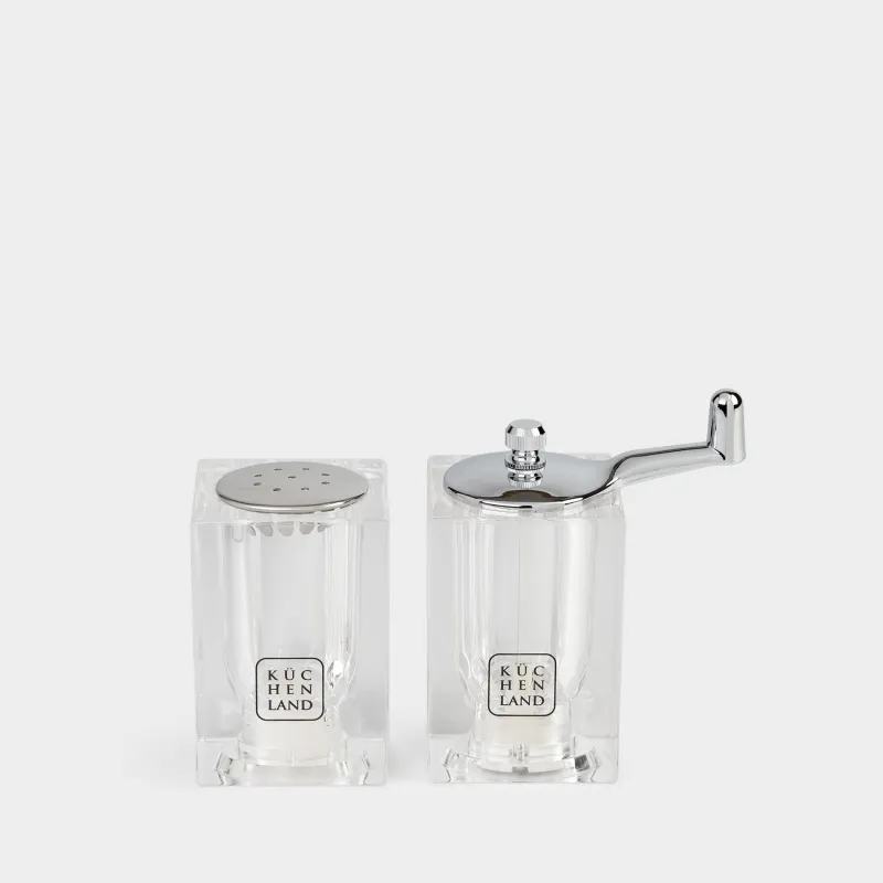 Salt and pepper set, 9 cm, with mill, acrylic/plastic, Cube
