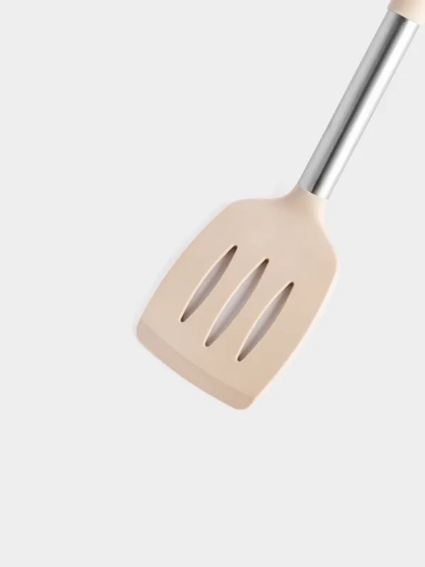 Spatula, 34 cm, with slits, silicone / steel, grey-beige, Metallic, image-3