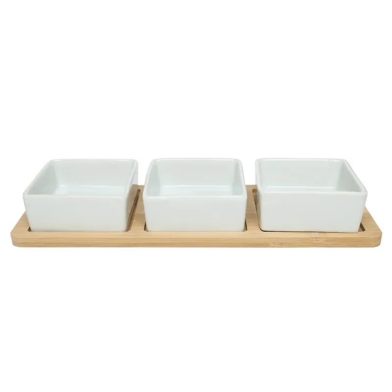 Snack set, 3 items, on a stand, ceramic / bamboo, square bowls, Bamboo, image-1