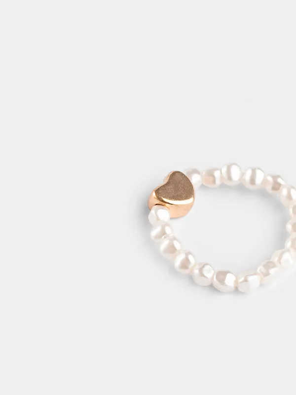 Ring, size S-M, single size, plastic / glass, white-gold, Heart, Pearl heart, image-2