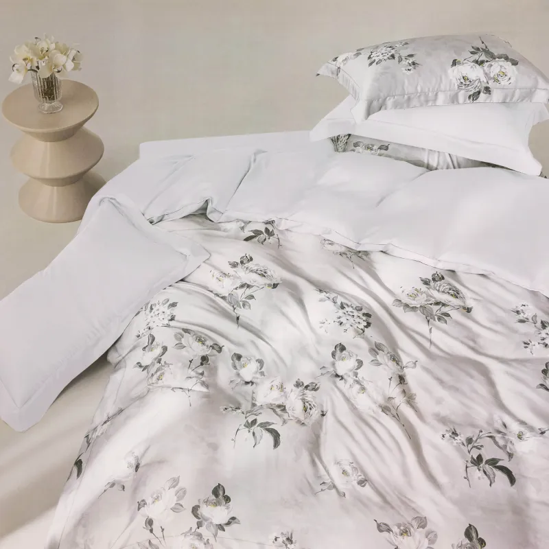 Bed linen set, euro, Tencel 300 TC, light grey, Flowers, Tencel