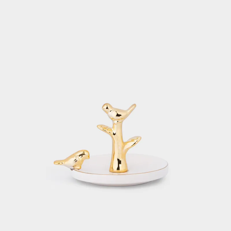 Jewelry holder, 13 cm, ceramic, white and gold, Birds on a branch, Paradise garden