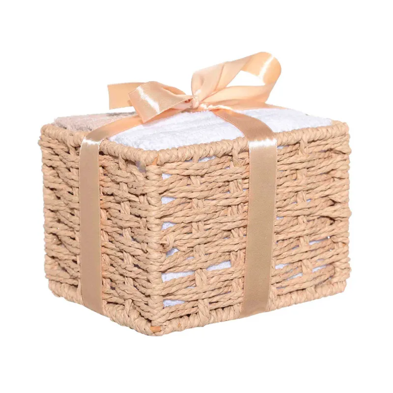 Towel, 30x30 cm, 6 pcs, in a basket with a bow, cotton, beige/white, Basket towel, image-1
