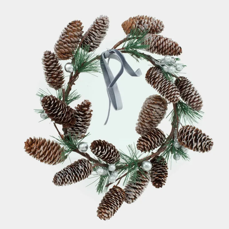 Decorative wreath, 20/28 cm, cones/foam, Snow-covered cones and berries, Snowy decor
