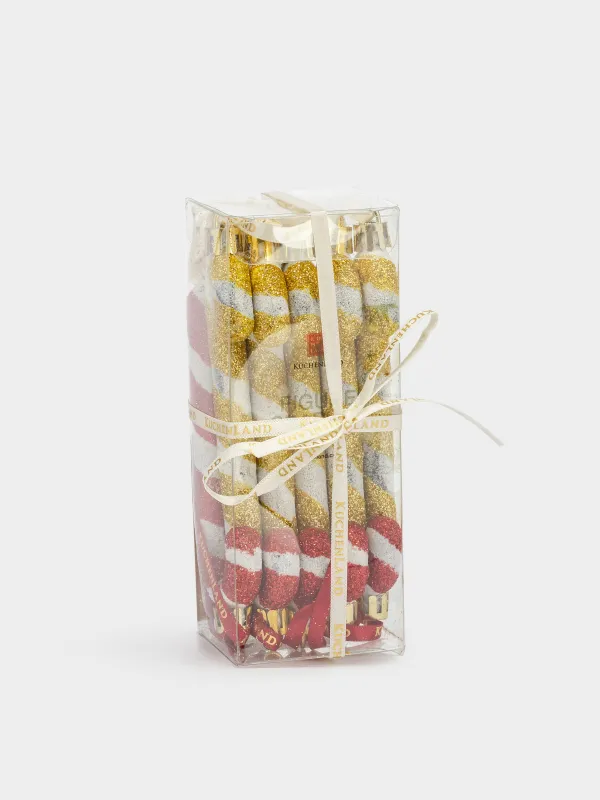 Christmas tree toy set, 7 cm, 10 pcs, plastic, with glitter, gold, Walking stick, Figure sparkle, image-3