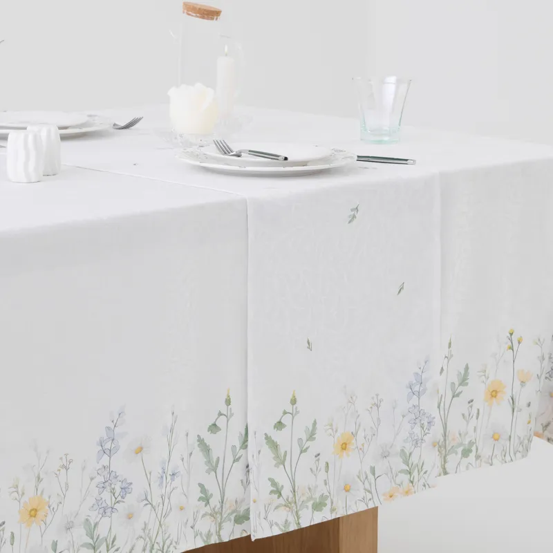 Table runner, 40x160 cm, jacquard, polyester, milky, Wildflowers, Petals serenity