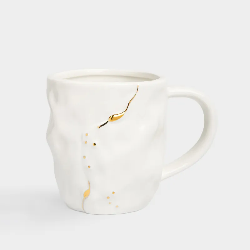 Mug, 370 ml, porcelain P, milky golden, Crumpled effect, Crumple