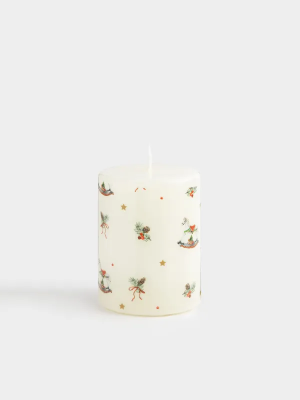 Candle, 7x9 cm, cylindrical, milky, Christmas attributes, Print candle, image-0