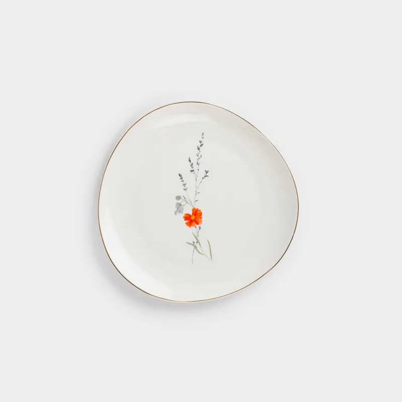Snack plate, 21 cm, porcelain N, white, with golden edging, wildflowers, Yarrow