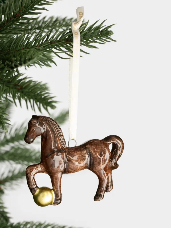 Christmas tree toy, 6/7 cm, illuminated, ceramic, brown and gold, Horse with ball, Figure christmas, image-2