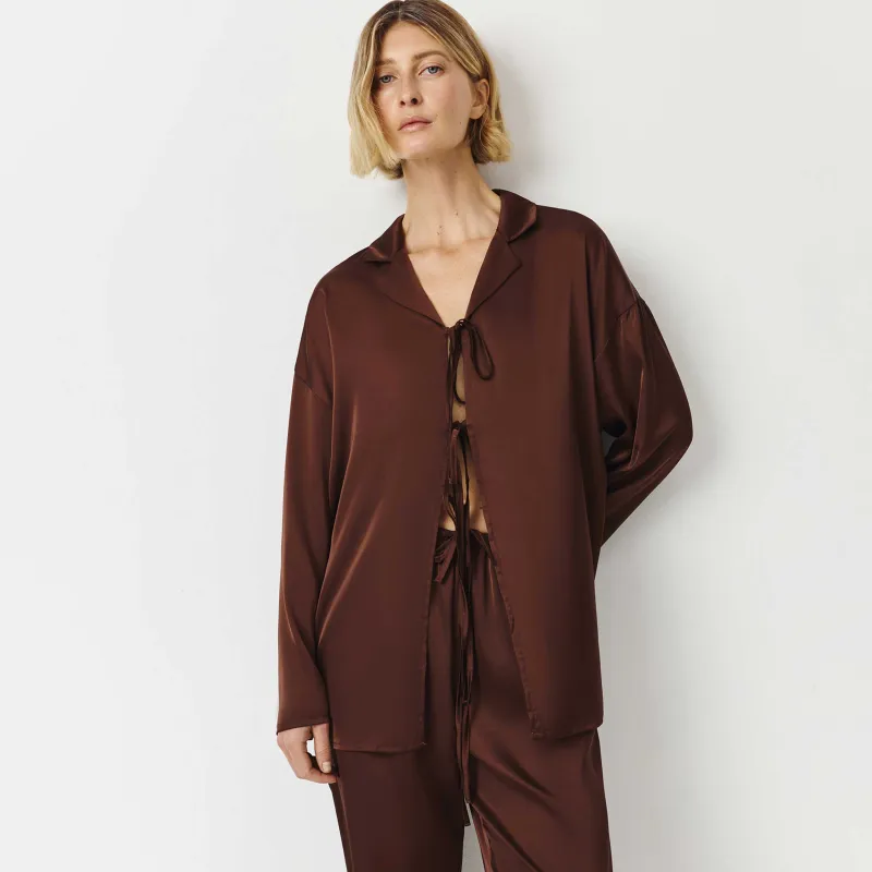 Women's shirt, homewear, size L, with long sleeve, with ties, polyester, brown, Derin