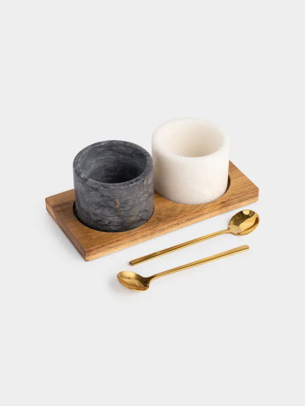 Spice container, 6 cm, 2 pcs, with spoons, on a stand, marble / wood, Marble, image-1