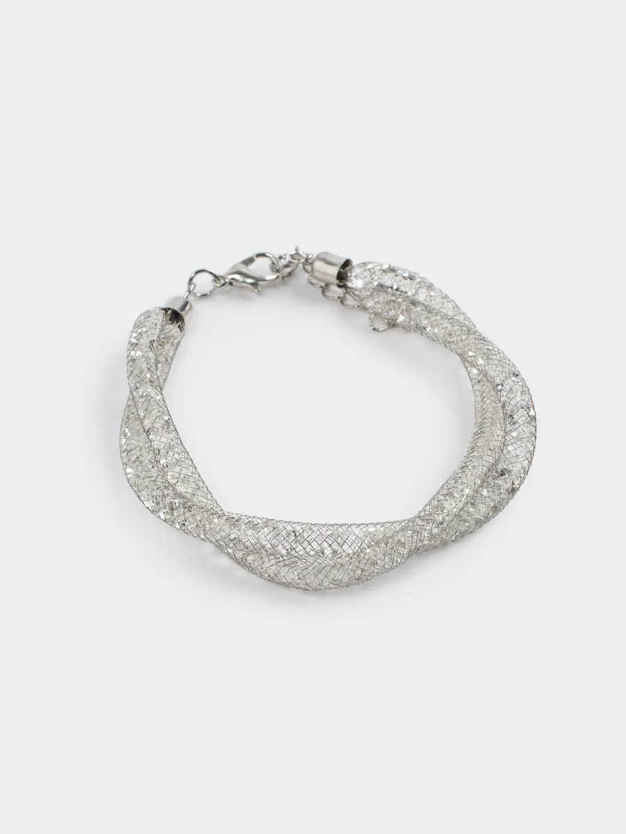 A bracelet, 24 cm, double, metal / rhinestones, silver, Weaving, Jewelry, image-1