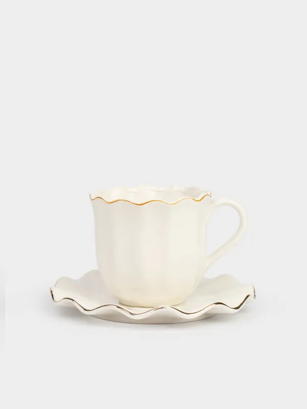 Tea pair, 1 person, 2 items, 350 ml, porcelain P, with golden edging, Wavy edge, Crumple gold, image-0
