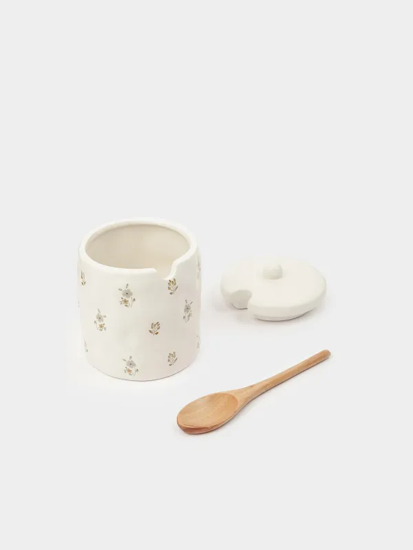 Sugar bowl, 11 cm, 370 ml, with spoon, ceramic / wood, milk, Vintage flowers, La flore, image-1