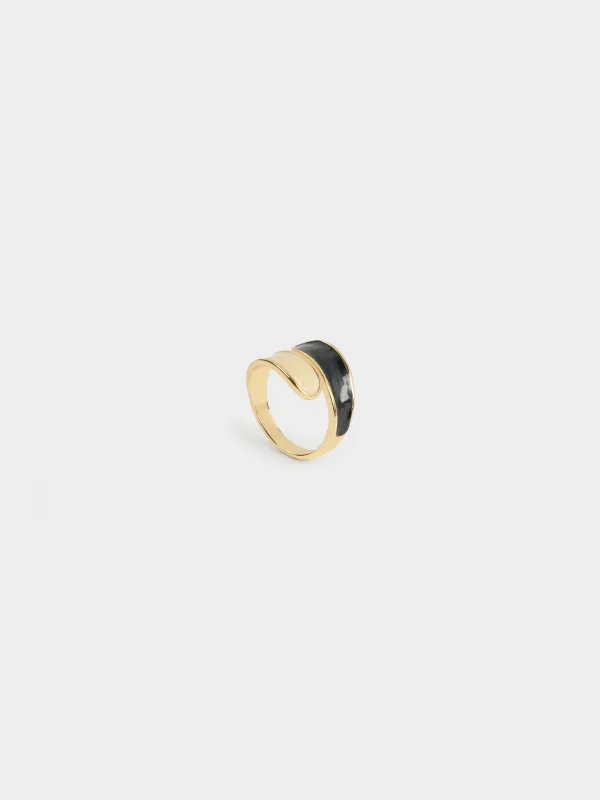 Ring, size S-M, single size, metal / acrylic, black and beige, Jewelry, image-2