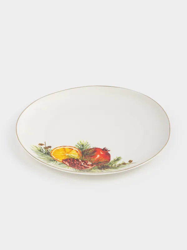 Dinner plate, 28 cm, porcelain N, white, with golden edging, Pomegranates and orange, Christmas miracle, image-1