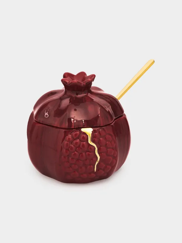 Sugar bowl, 9 cm, 200 ml, with spoon, ceramic / steel, Burgundy, Pomegranate, Pomegranate, image-0